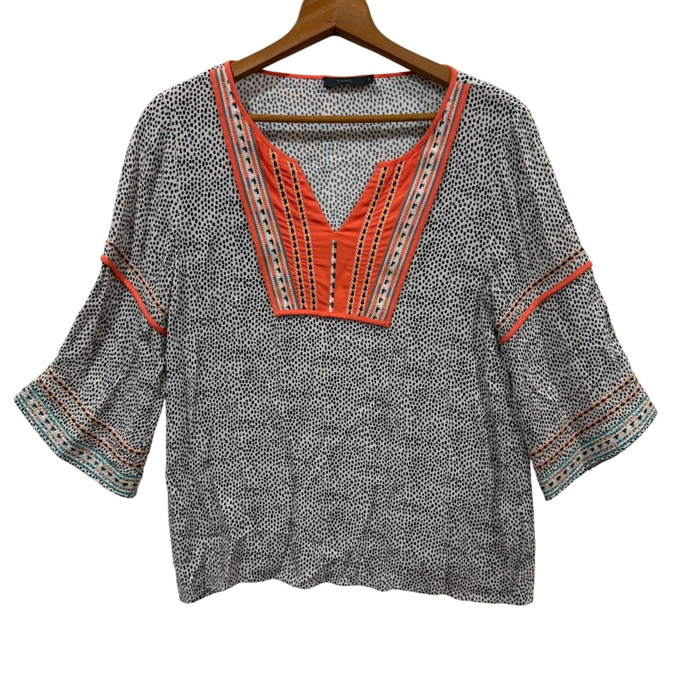 THML Womens Dotted Embroidered Split Neck 3/4 Sleeve Blouse FTM068-1 Small